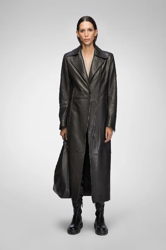 Marisol - Black Leather Coat Sequined Lace Ribbed