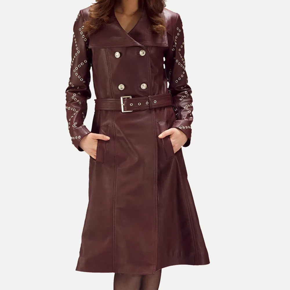 Maroon Leather Trench Coat with Button & Waist belt Cuffed Rolled Raglan