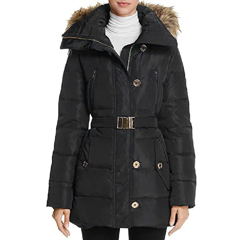MICHAEL Michael Kors Women's Down Coat with Zip-Out Hood Rayon Velvet Corduroy