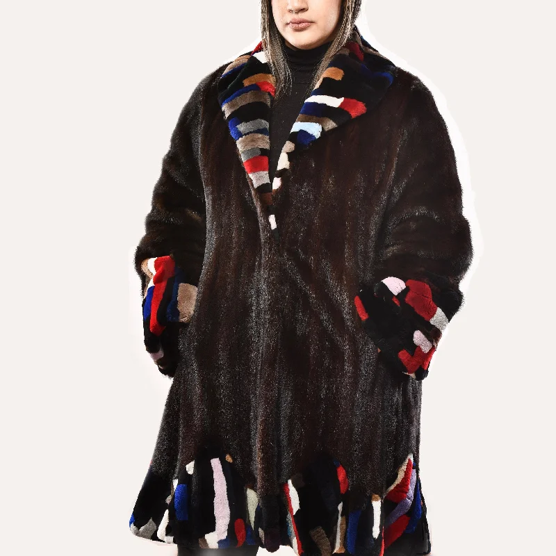 Mink Scalloped Coat Multicolor Mink Collar Trapeze Tunic Caftan