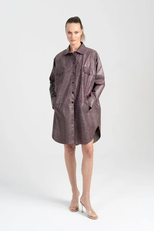 Mouse Color Leopard Pattern Leather Coat Trench Wool Cashmere