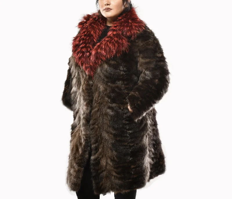 Natural Sable Fur Coat with Red Fox Fur Collar Striped Polka Dot Floral