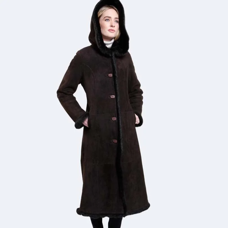 Genuine Norma Sheepskin Best Style Shearling Winter Long Coat Turtleneck Wrap Cape
