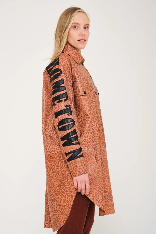 Orange Leopard Pattern Leather Coat Parka Down Jacket Wool Coat