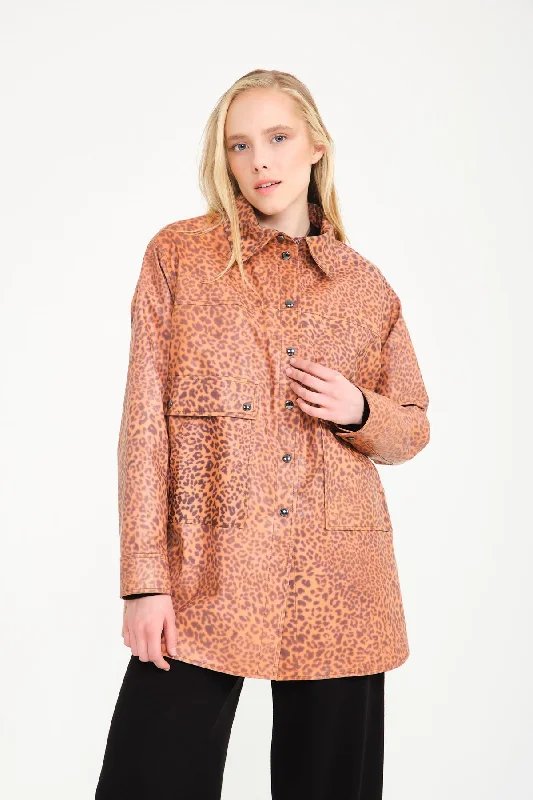 Orange Leopard Pattern Leather Coat Elasticated Drawstring Belted