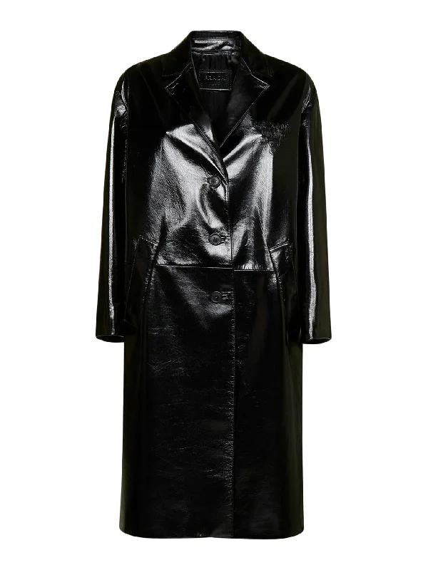 LONG COAT IN SHINY NAPPA Hook-and-Loop Buckled Tied