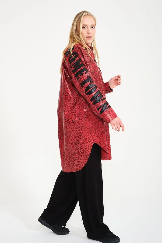 Red Leopard Pattern Leather Coat Cuffed Rolled Raglan