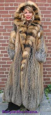 Sensational Hooded Solid Multi Color Cross Fox Canadian Fur Coat 80" Sweep M/L Turtleneck Jacket Crew Neck Jacket V-Neck Jacket