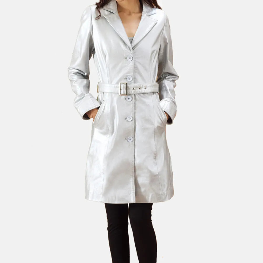 Silver Leather Trench Coat - Quilted viscose lining Elasticated Drawstring Belted