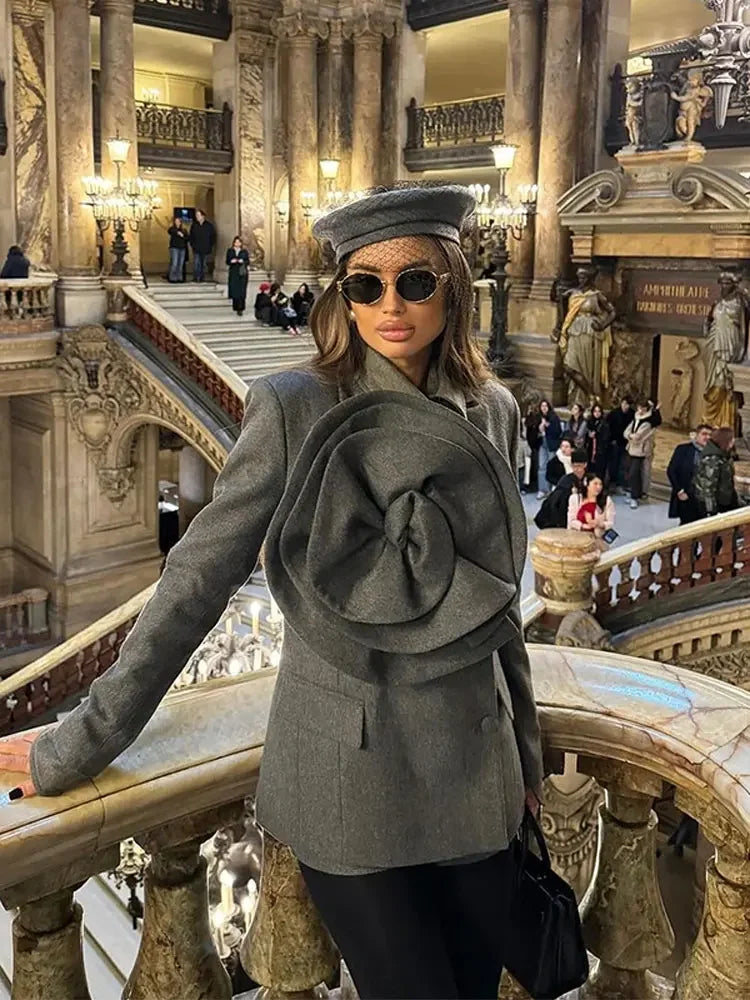 Solid Three-dimensional Flower Lapel Short Coat For Women Chic Casual Long Sleeve Single Breasted Coats Lady Street Overcoat Hooded Caped Scarf Solid Three-dimensional Flower Lapel Short Coat For Women Chic Casual Long Sleeve Single Breasted Coats Lady Street Overcoat Hooded Caped Scarf
