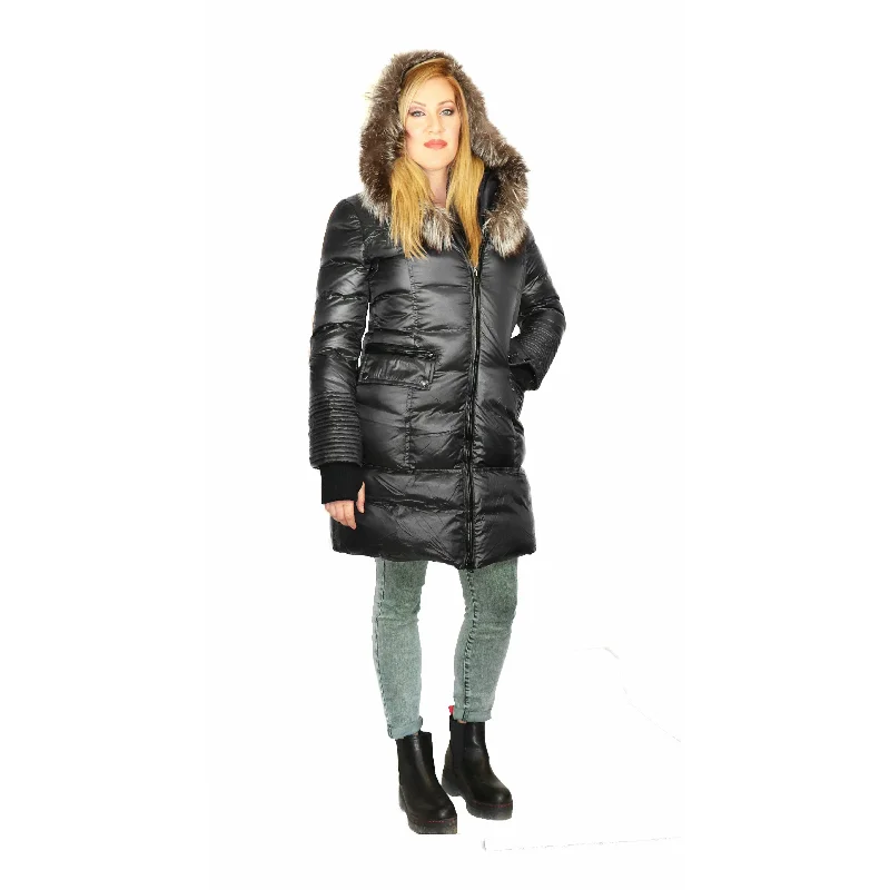 Towmy Women's Down Coat with Silver Fox Fur Hood Satin Silk Chiffon