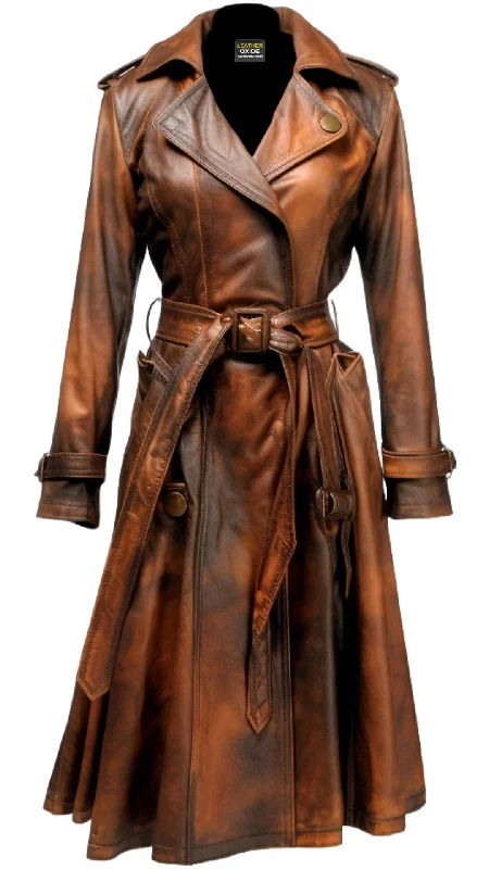 Vintage Brown Women Leather Long Coat Suede Faux Fur Shearling