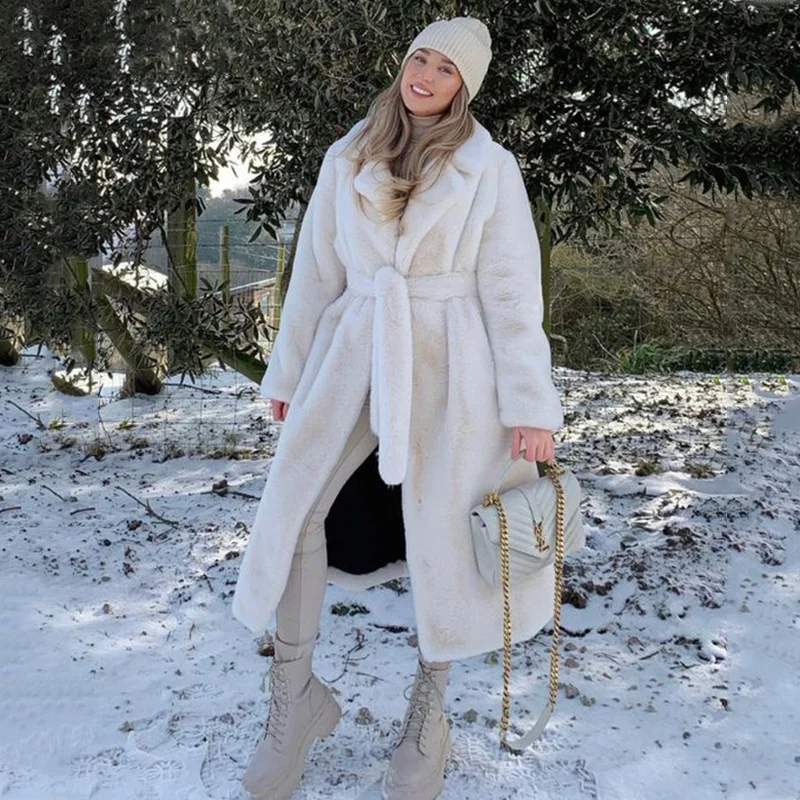 Winter Long Overcoat Women Oversized Lapel Belted Faux Rabbit Fur Coat Bomber Denim Leather Winter Long Overcoat Women Oversized Lapel Belted Faux Rabbit Fur Coat Bomber Denim Leather
