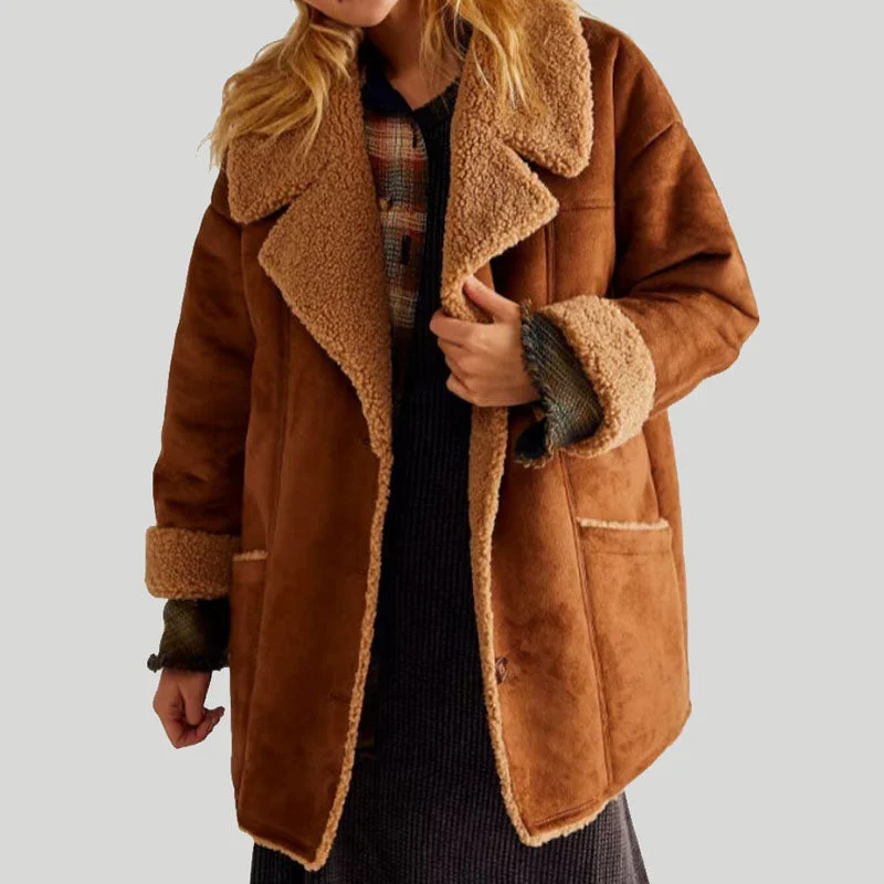 Women Aviator RAF Flight Shearling Fur Coat Turtleneck Wrap Cape