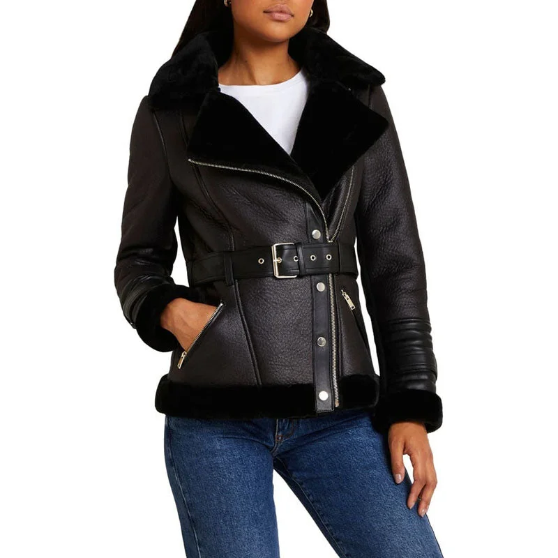 Women B3 Shearling Leather Coat in Black Tie-Waist Belted Drawstring