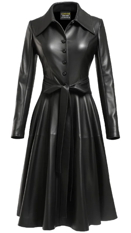 Women Black Leather Long Coat - Long Leather Coat Elasticated Drawstring Belted