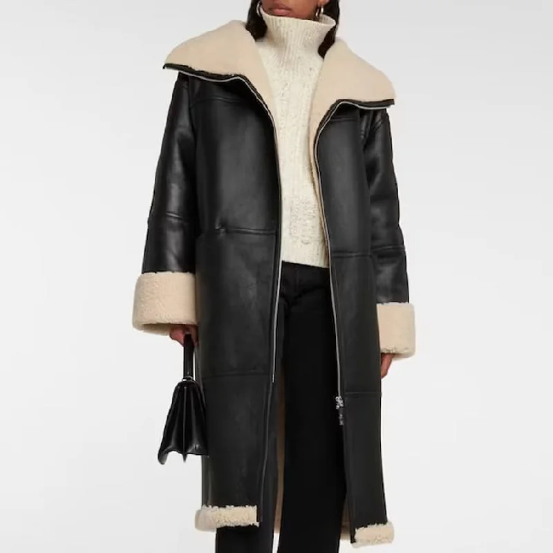 Women Black Sheepskin Shearling Coat Style Leather Duster Cardigan Sweater Pullover