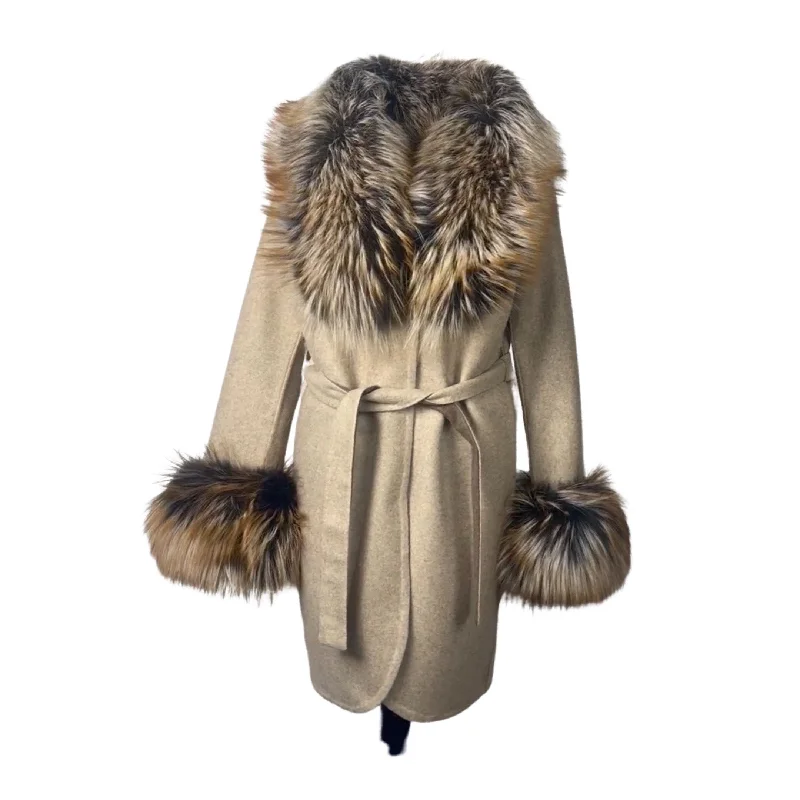 Dyed Brown Silver Fox Trimmed Women Wool Coat Style # V-100 Solid Print Jacquard