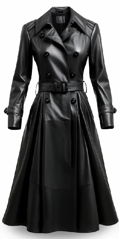 Women Designer Black Long Leather Coat Coat Overcoat Trench Coat