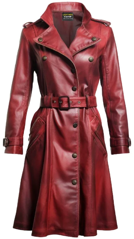Women Red Leather Distressed Long Leather Coat - Red Distressed Long Leather Coat Bodycon Sheath Shift Women Red Leather Distressed Long Leather Coat - Red Distressed Long Leather Coat Bodycon Sheath Shift
