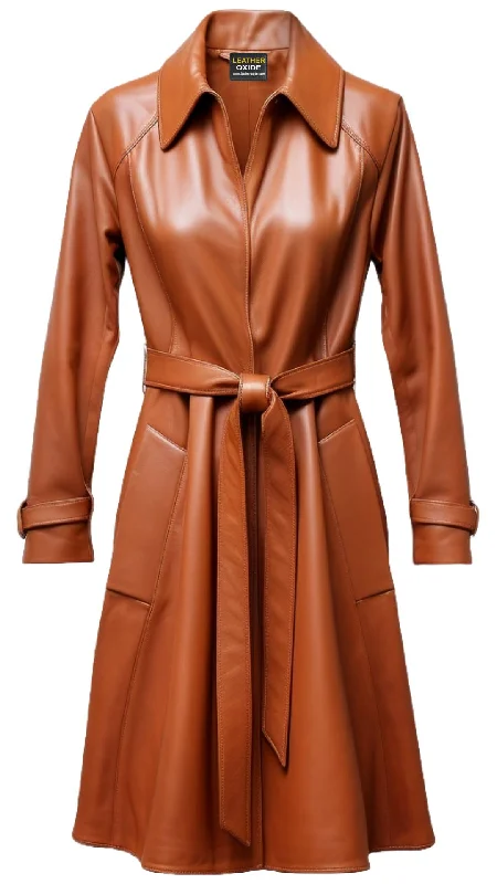 Women Leather Coat - Tan Brown Long Leather Coat Nylon Polyester Spandex