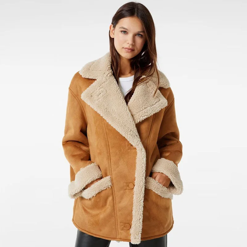 Women RAF B3 Aviator Suede Leather Shearling Fur Coat Stole Shawl Scarf