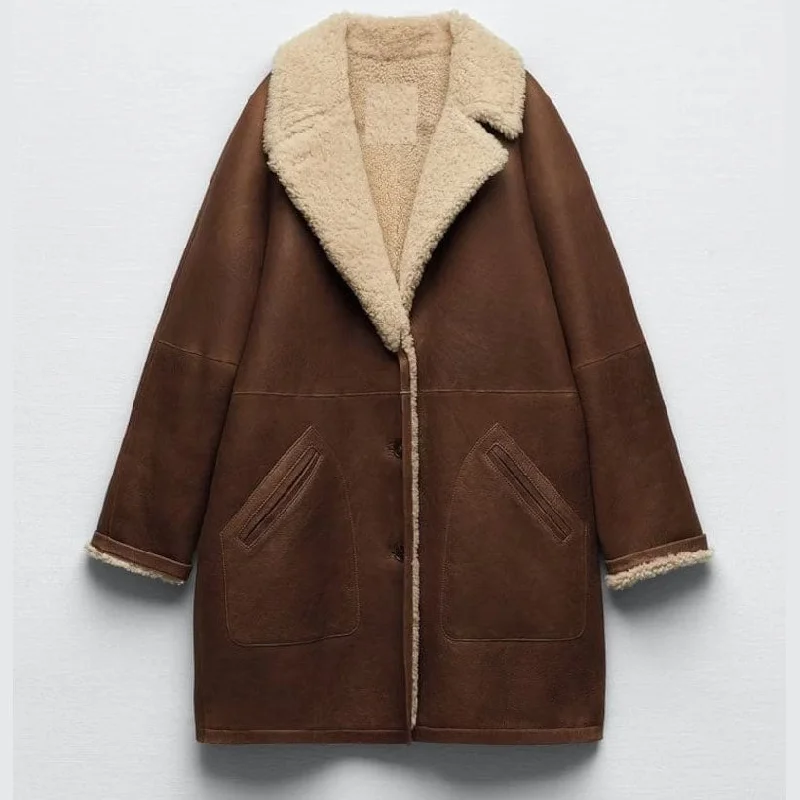 Women RAF Sheepskin Shearling Coat Striped Polka Dot Solid