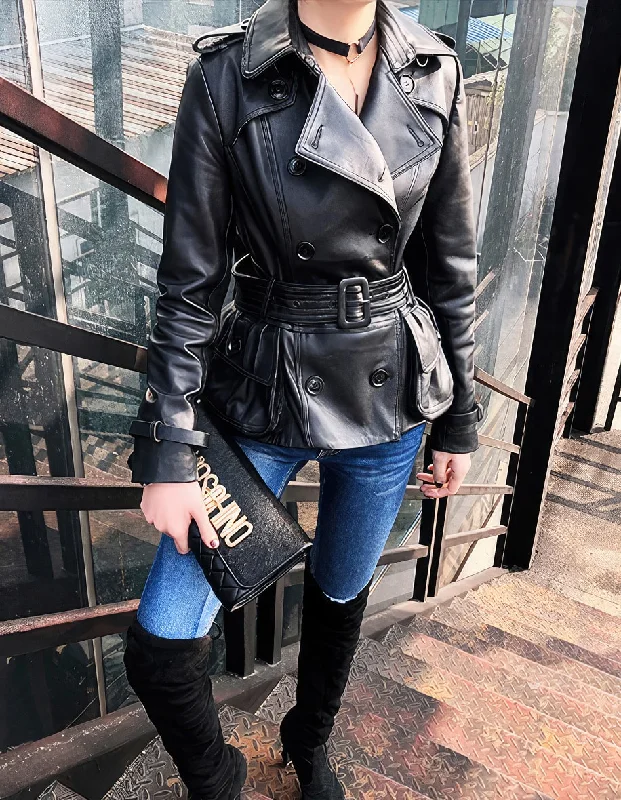 Women’s Black Genuine Sheepskin Double Breasted Classic Moto Racing High-Street Style Belted Short Leather Trench Coat Parka Anorak Hoodie Women’s Black Genuine Sheepskin Double Breasted Classic Moto Racing High-Street Style Belted Short Leather Trench Coat Parka Anorak Hoodie