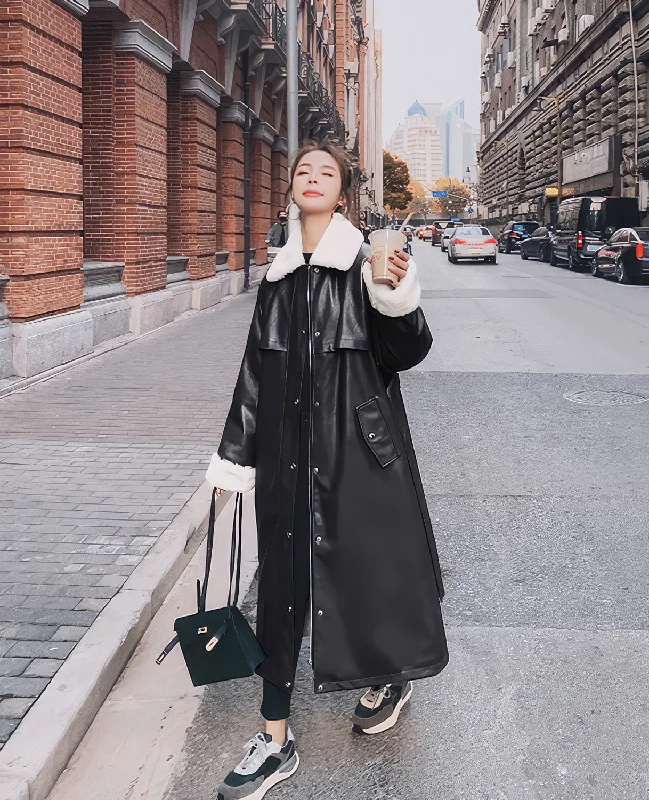 Women’s Black Genuine Sheepskin Sherpa Shearling Faux Fur Korean Fashion Winter Warm Leather Knee Length Long Coat Boat Shawl Notched Women’s Black Genuine Sheepskin Sherpa Shearling Faux Fur Korean Fashion Winter Warm Leather Knee Length Long Coat Boat Shawl Notched