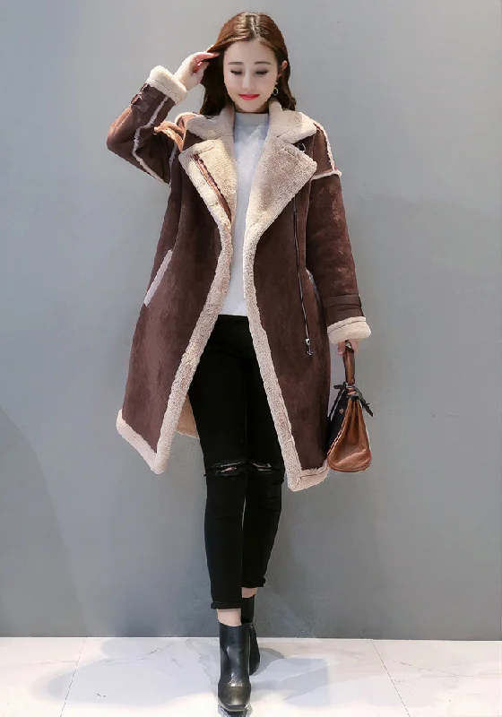 Women’s Brown Genuine Suede Sherpa Shearling Faux Fur Lined Winter Warm Thick Double Breasted Long Leather Coat Pleated Ruffled tiered Women’s Brown Genuine Suede Sherpa Shearling Faux Fur Lined Winter Warm Thick Double Breasted Long Leather Coat Pleated Ruffled tiered