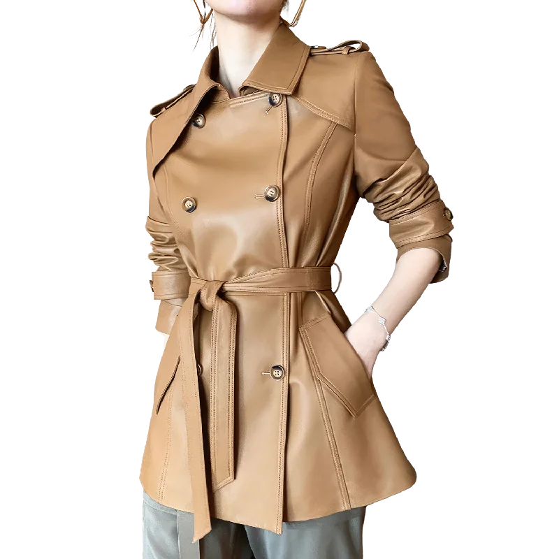 Women’s Coffee Brown Genuine Sheepskin Lapel Collar Business Fashion Double Breasted Belted Leather Trench Coat Quilted Jacket Anorak Windbreaker Women’s Coffee Brown Genuine Sheepskin Lapel Collar Business Fashion Double Breasted Belted Leather Trench Coat Quilted Jacket Anorak Windbreaker
