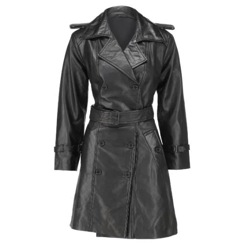 Women 's Double Breasted Black Leather Trench Coat Wool Cashmere Tweed