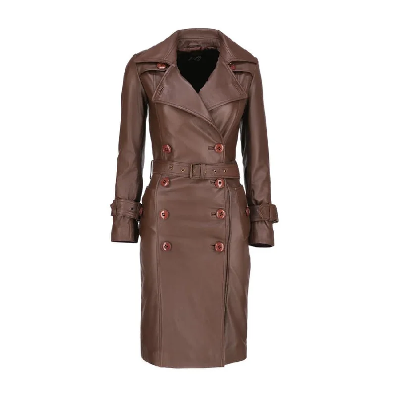 Women 's Double Breasted Brown Leather Trench Coat Asymmetrical Diagonal princess