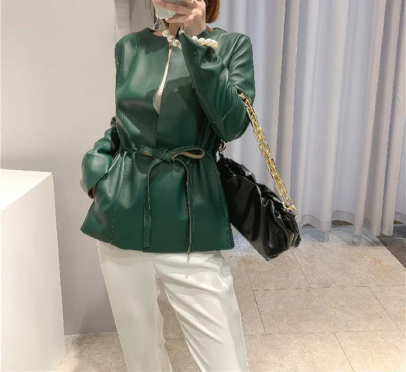 Women’s Green Genuine Sheepskin Round Neck Casual European Streetwear Top Fashion Pleated Simple Classic Leather Coat Tweed Herringbone Houndstooth Women’s Green Genuine Sheepskin Round Neck Casual European Streetwear Top Fashion Pleated Simple Classic Leather Coat Tweed Herringbone Houndstooth