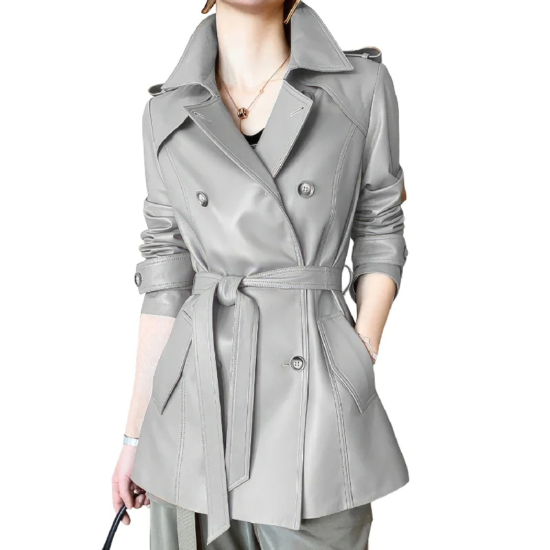 Women’s Grey Genuine Sheepskin Lapel Collar Business Fashion Double Breasted Belted Leather Trench Coat Turtleneck Wrap Cape Women’s Grey Genuine Sheepskin Lapel Collar Business Fashion Double Breasted Belted Leather Trench Coat Turtleneck Wrap Cape