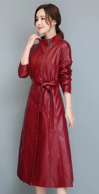 Women’s Red Genuine Sheepskin Stand Collar Slim Fit Belted High Street Smooth Lightweight Elegant Fashion Leather Coat Vest Waistcoat Gilet Women’s Red Genuine Sheepskin Stand Collar Slim Fit Belted High Street Smooth Lightweight Elegant Fashion Leather Coat Vest Waistcoat Gilet