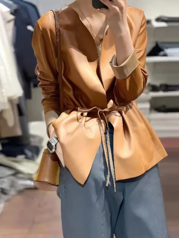 Women’s Sepia Brown Genuine Sheepskin Round Neck Casual European Streetwear Top Fashion Pleated Simple Classic Leather Coat Blouse Shirt Tunic Women’s Sepia Brown Genuine Sheepskin Round Neck Casual European Streetwear Top Fashion Pleated Simple Classic Leather Coat Blouse Shirt Tunic