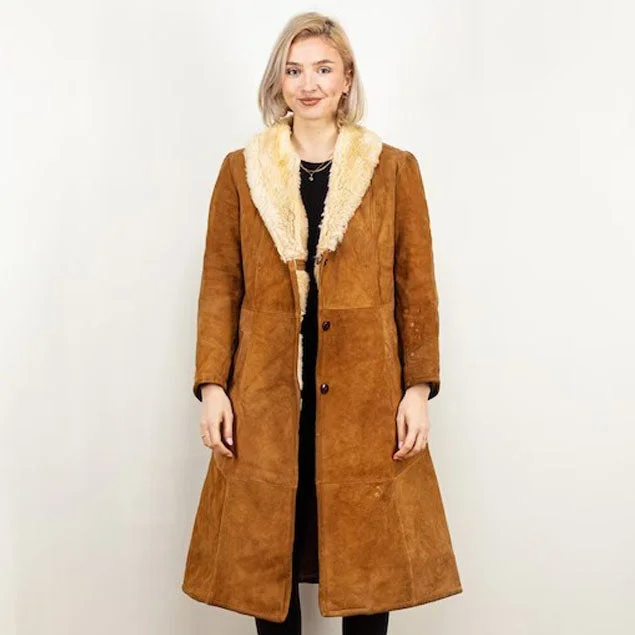 Women Sheepskin Shearling Coat in Brown Appliqued Beaded Sequined