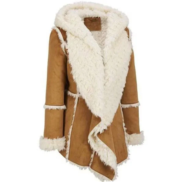 Women Suede Leather Shearling Fur Overcoat Buttoned Zippered Snapped