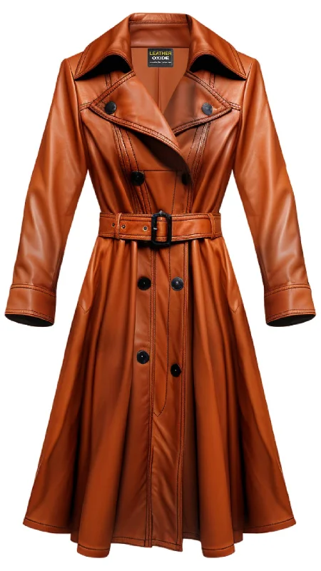 Women Tan Brown Vintage Leather Coat Bodycon Sheath Shift
