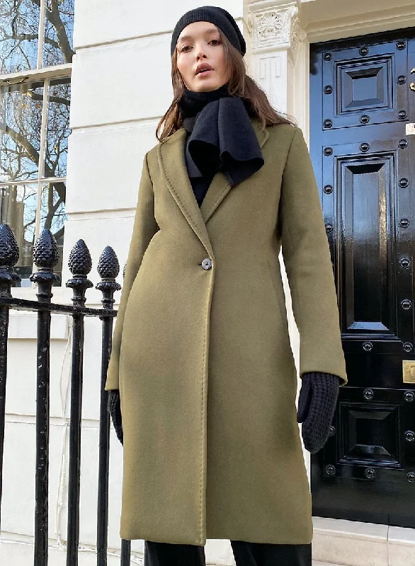 Women Wool Long Coat Green & Camel Color Style Tailored Straight A-Line
