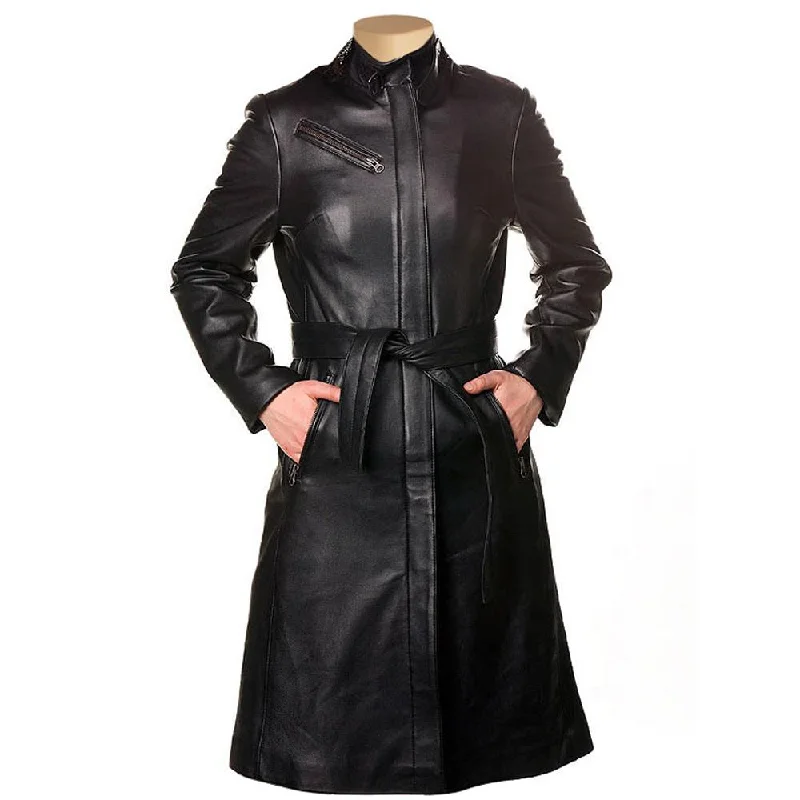 Womens Belinda 3/4 Length Leather Trench Coat Rayon Velvet Corduroy