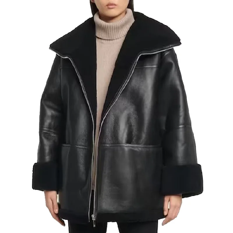 Womens Black B3 Bomber Real Sheepskin Leather Coat with Hooded Blazer Duffle Coat Pea Coat Womens Black B3 Bomber Real Sheepskin Leather Coat with Hooded Blazer Duffle Coat Pea Coat