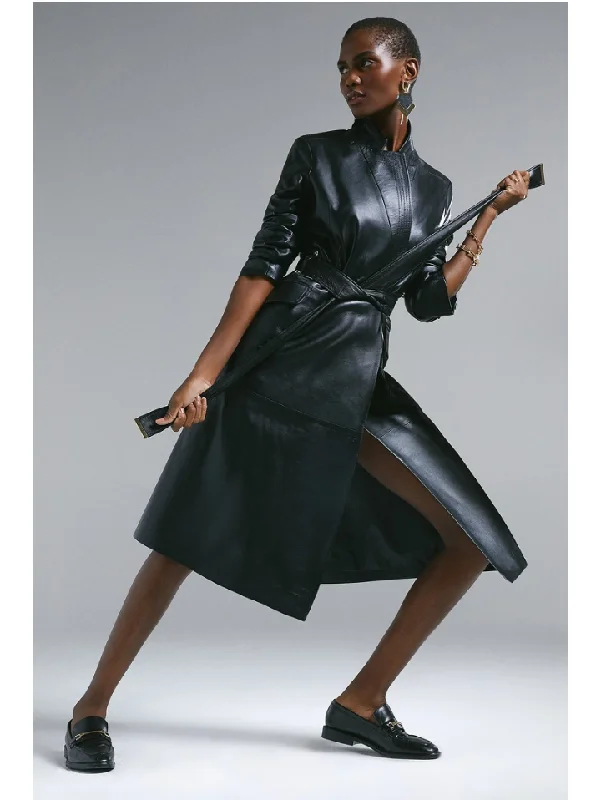 Women’s Black Sheepskin Genuine Leather Trench Coat With Belt Solid Print Jacquard
