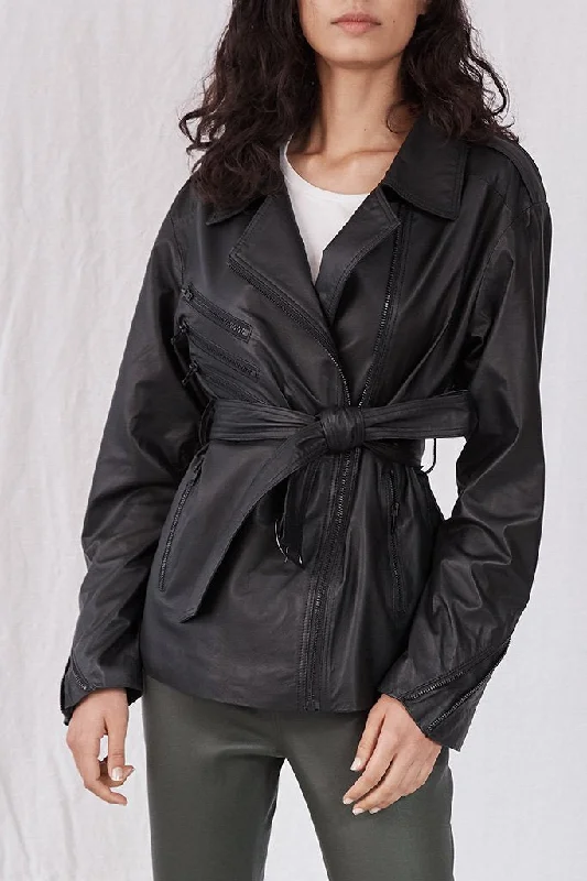 Women’s Black Sheepskin Leather Coat Trim Padded Insulated