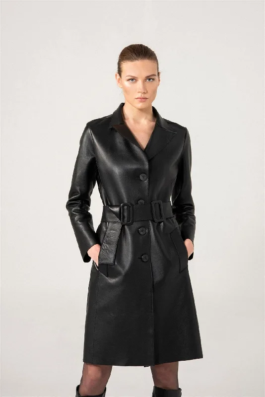 Women’s Black Sheepskin Leather Trench Coat Button Downed Denim Leather Suede