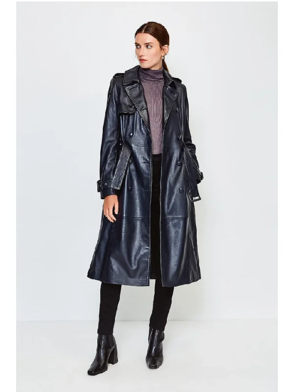 Women’s Black Sheepskin Leather Trench Coat With Belt Vest Waistcoat Gilet