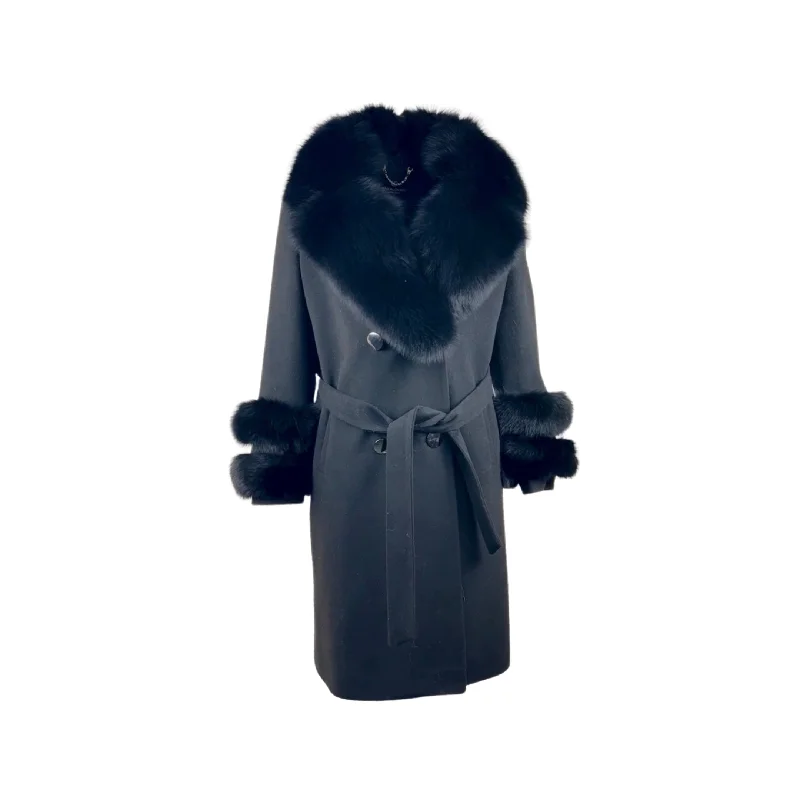Women's Black Wool Coat with detachable Fox Collar and Cuffs Trimmed Hood Style # K-10 Toggle Coat Shawl Collar Coat Notch Collar Coat Women's Black Wool Coat with detachable Fox Collar and Cuffs Trimmed Hood Style # K-10 Toggle Coat Shawl Collar Coat Notch Collar Coat
