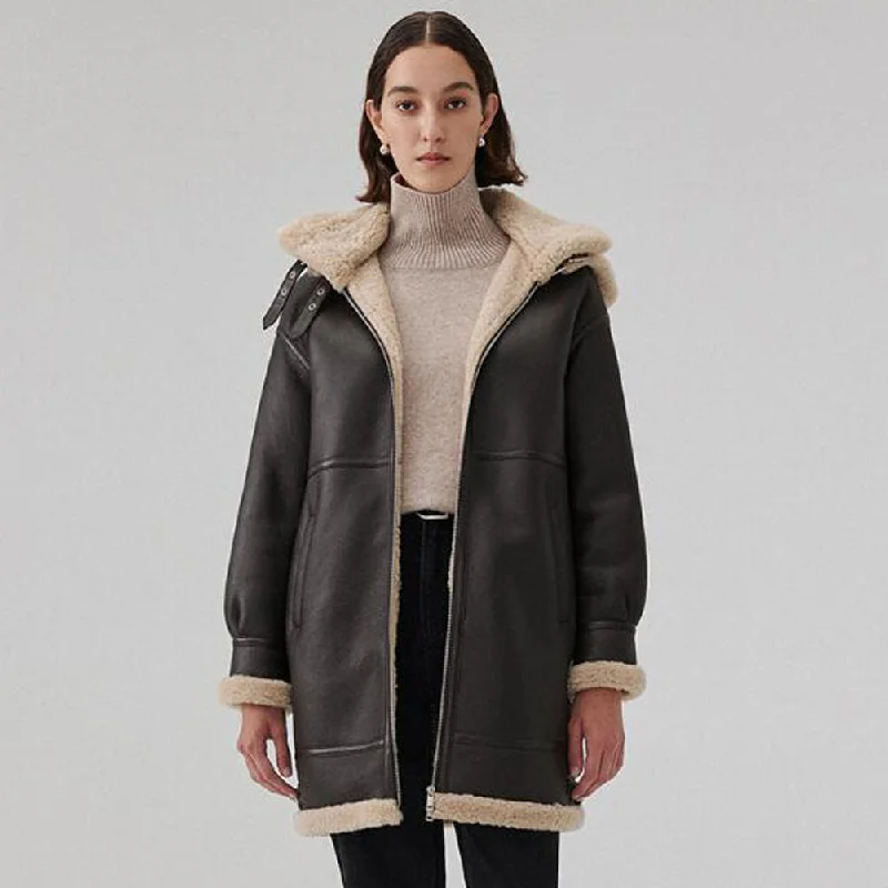 Womens Brown Sheepskin Shearling Coat Mid Length with Hood Zip Front Button Front Snap Front Womens Brown Sheepskin Shearling Coat Mid Length with Hood Zip Front Button Front Snap Front
