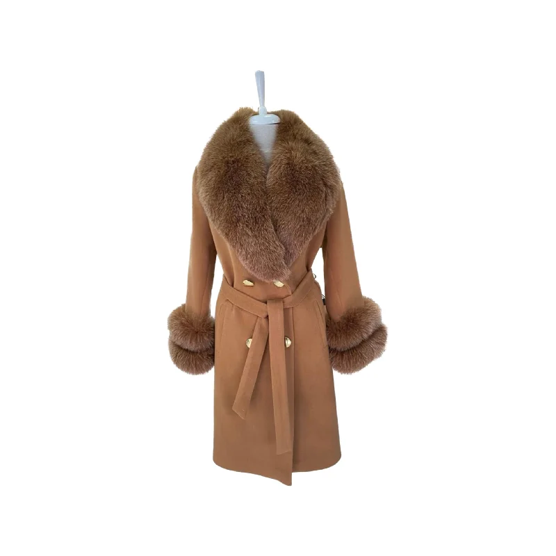 Women's BROWN Wool Coat with detachable Fox Collar and Cuffs Trimmed Hood Style # K-10 Trench Raincoat Windbreaker Women's BROWN Wool Coat with detachable Fox Collar and Cuffs Trimmed Hood Style # K-10 Trench Raincoat Windbreaker